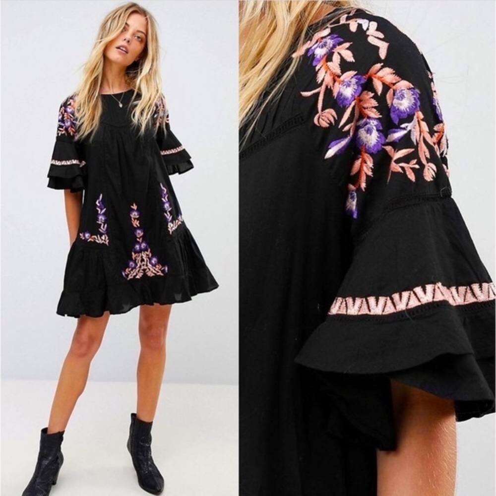 Free People Women’s Black Pavlo Embroidered Flutter Sleeve Cotton‎ Dress Size S